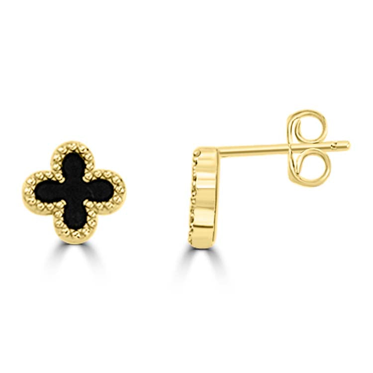 Black Onyx Clover Stud Earrings in 9K Yellow Gold