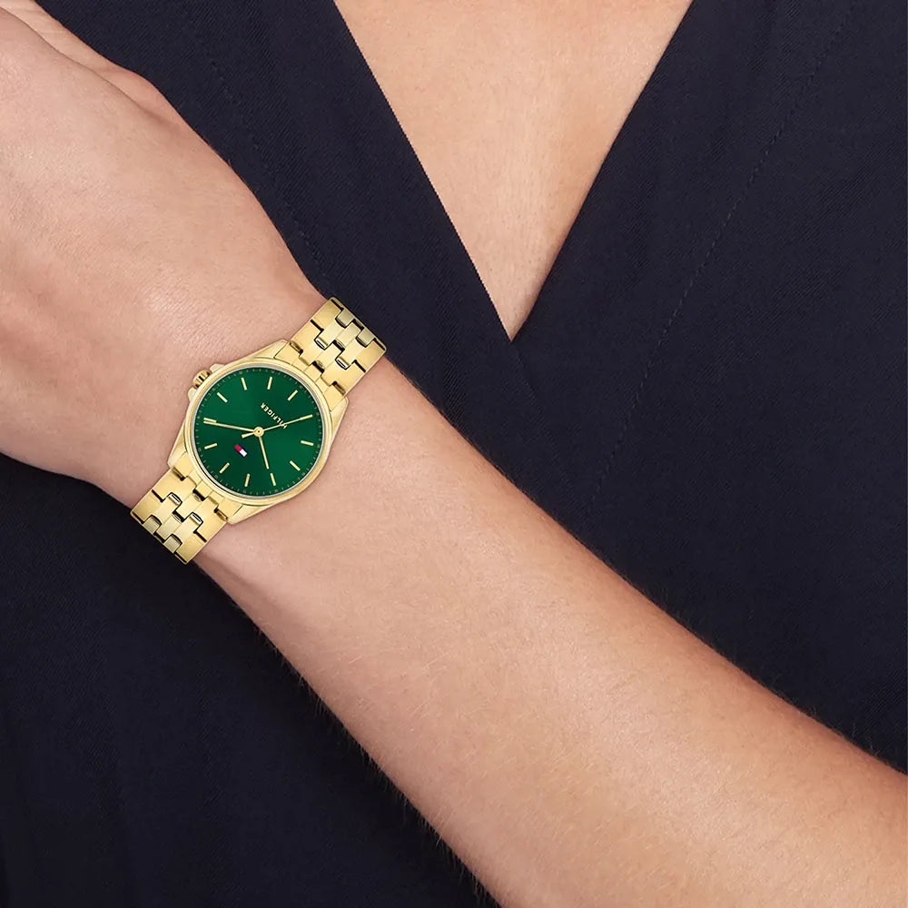 TOMMY HILFIGER Women's Green Dial Gold Steel Bracelet Watch