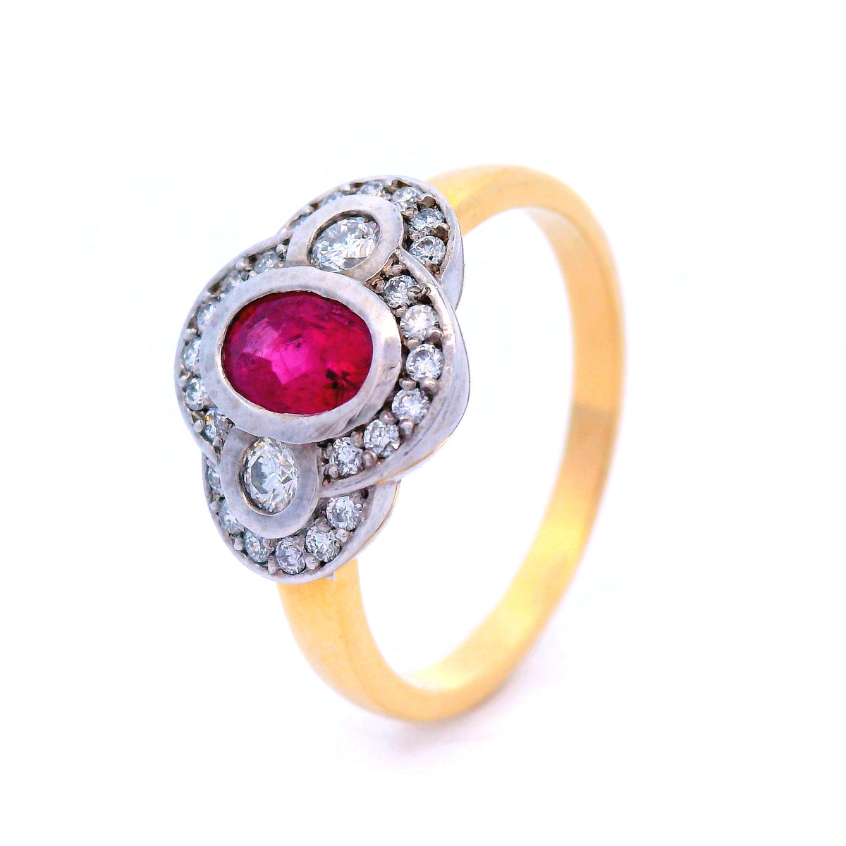 Oval Ruby &amp; Diamond Halo Ring Set in 18ct Yellow and White Gold