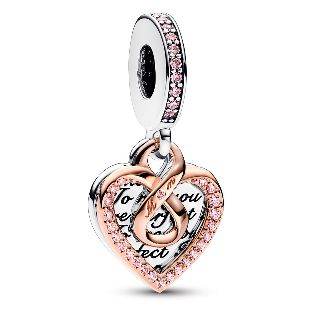 Heart sterling silver and 14k rose gold-plated double dangle with fancy fairy tale pink cubic zirconia
