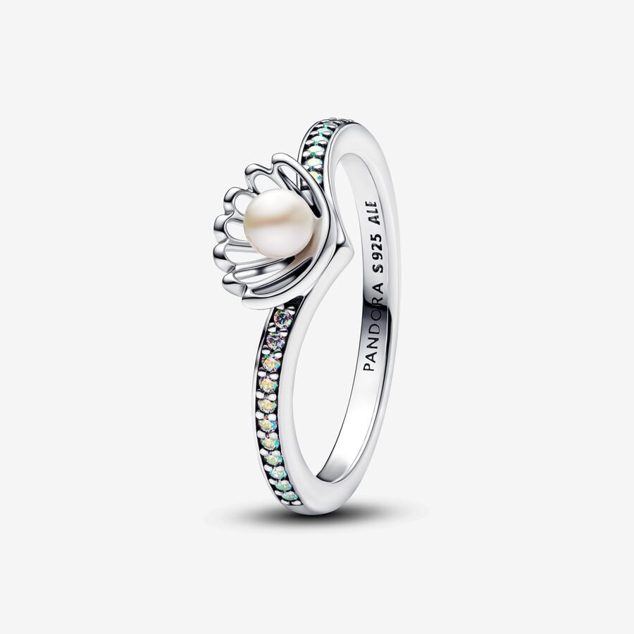 Disney Ariel sterling silver ring with treated white freshwater cultured pearl and aurora borealis clear cubic zirconia