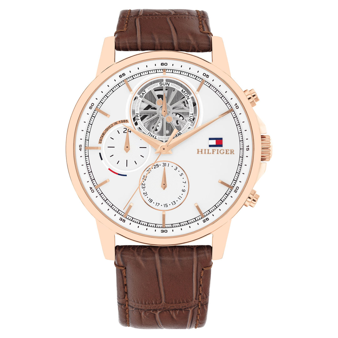 Tommy Hilfiger Brown Leather White Dial Multi-function Men's Watch