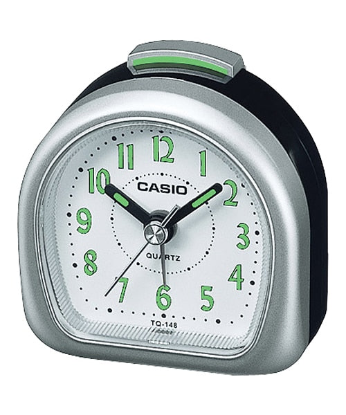 Casio Travel Alarm Clock with White Dial and Silver/Black Case. Model: TQ-148-8