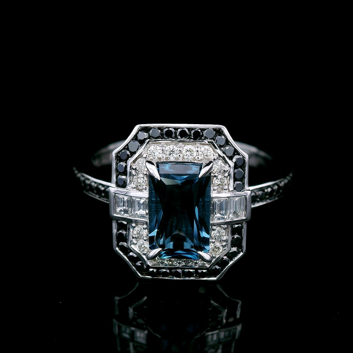 London Blue Topaz, Black Diamond and Diamond Art Deco Ring