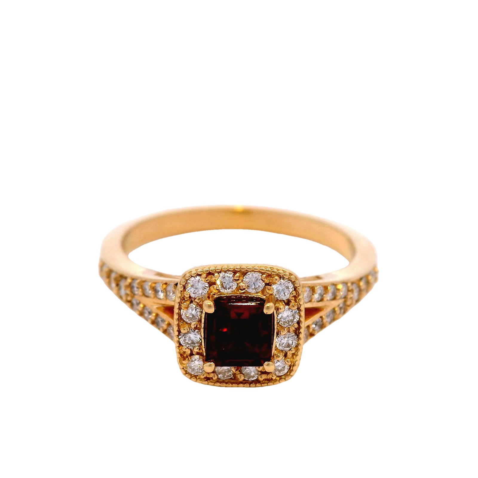 Ruby and Diamond Halo Set Ring in Yellow Gold