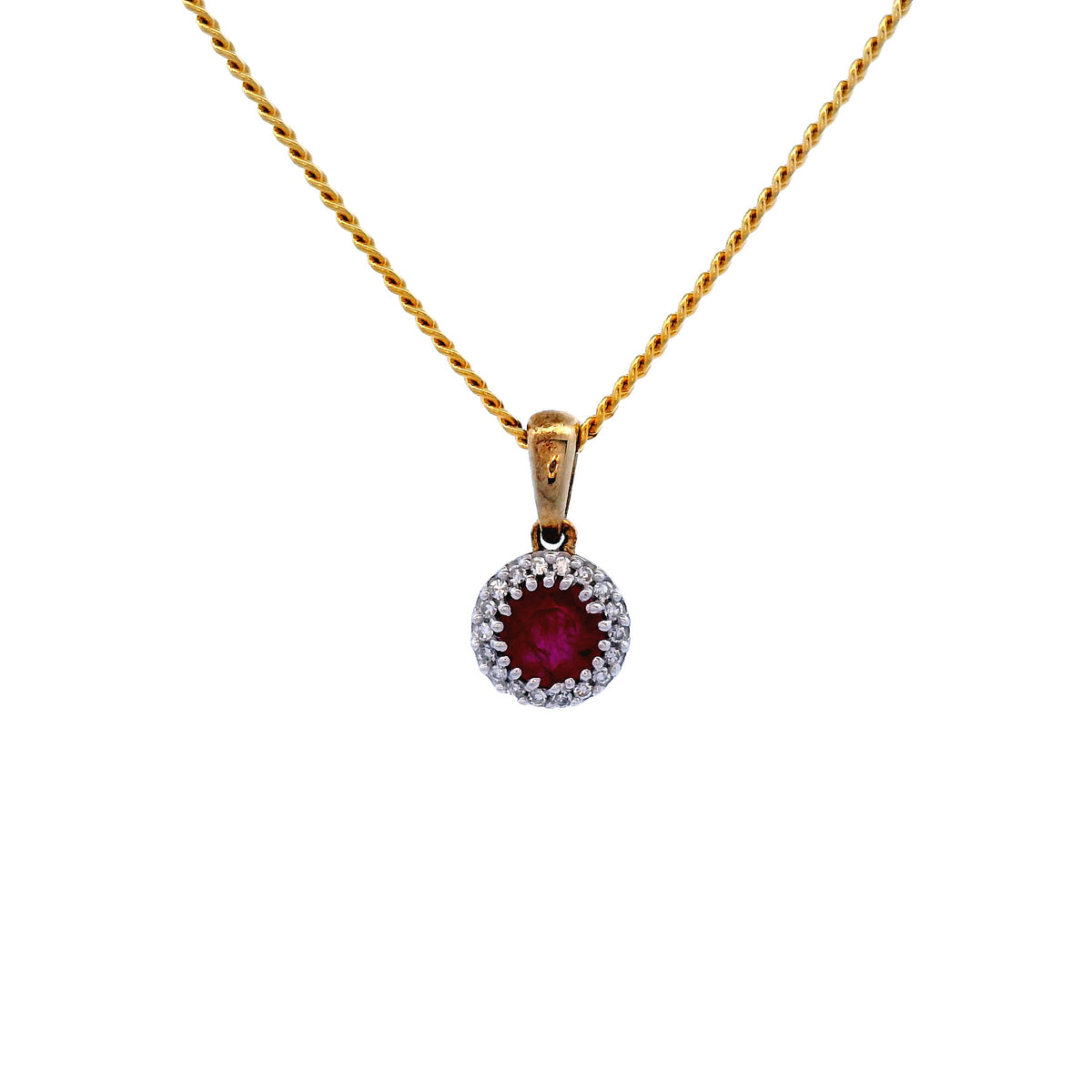 9 Carat Yellow Gold Diamond &amp; Ruby Round Cluster Pendant