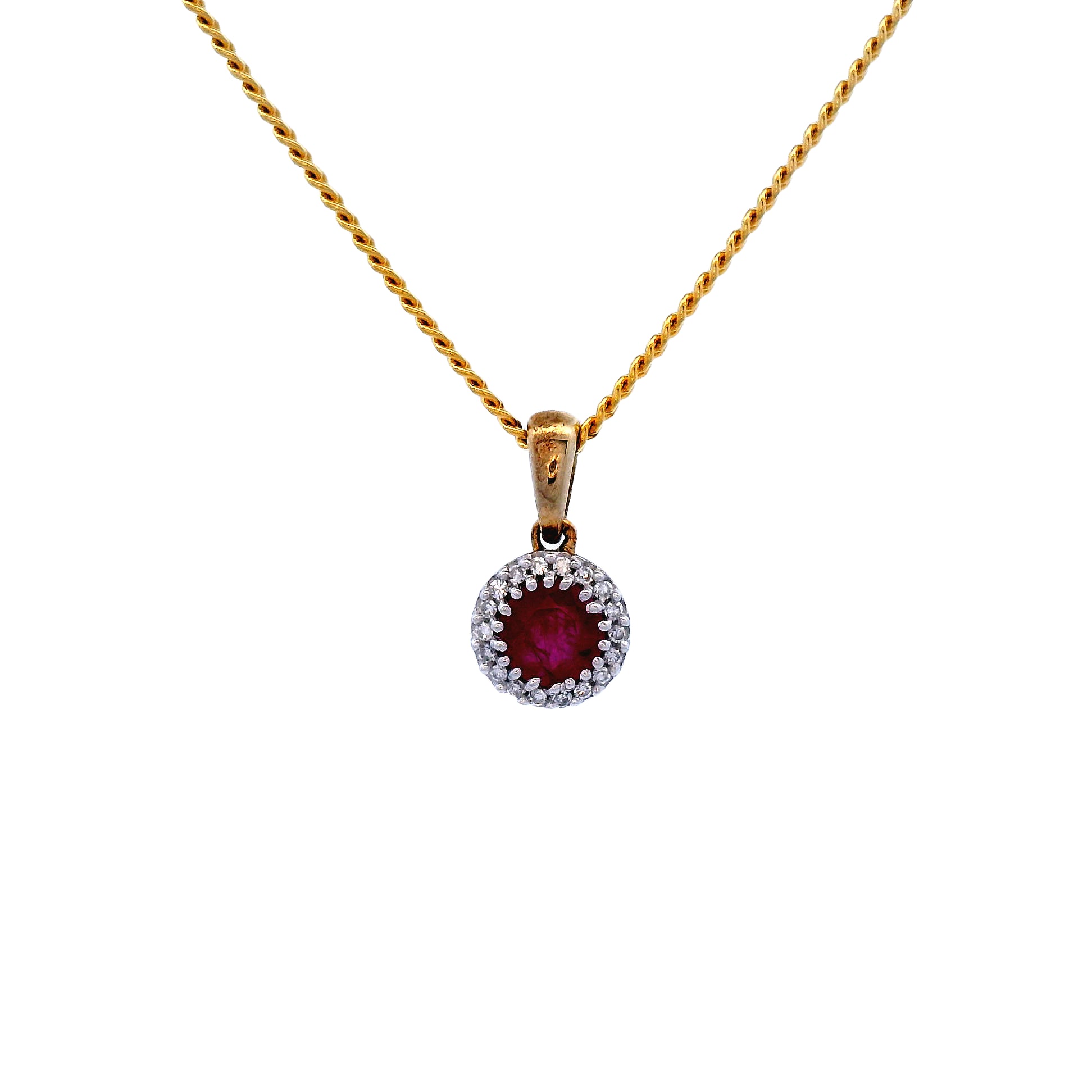 9 Carat Yellow Gold Diamond & Ruby Round Cluster Pendant