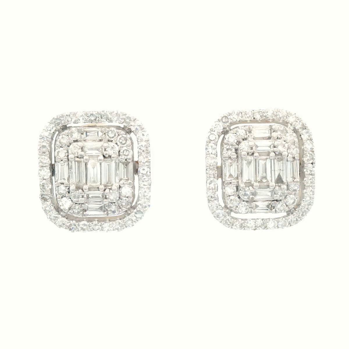 1ct White Gold Round And Baguette Diamond Stud Earrings