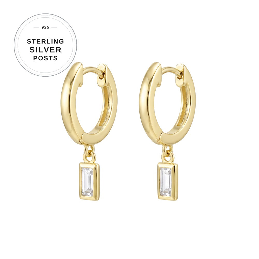 Premium Plated Brass Baguette CZ Charm Earrings with Sterling Silver Posts