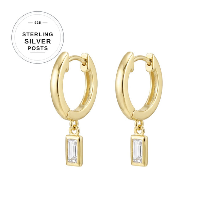 Premium Plated Brass Baguette CZ Charm Earrings with Sterling Silver Posts