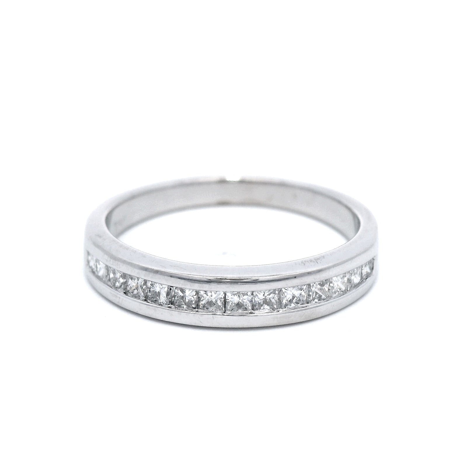 18CT W/G PRINCESS CUT CHANNEL SET DIA WEDDER TDW .50CT SZ M