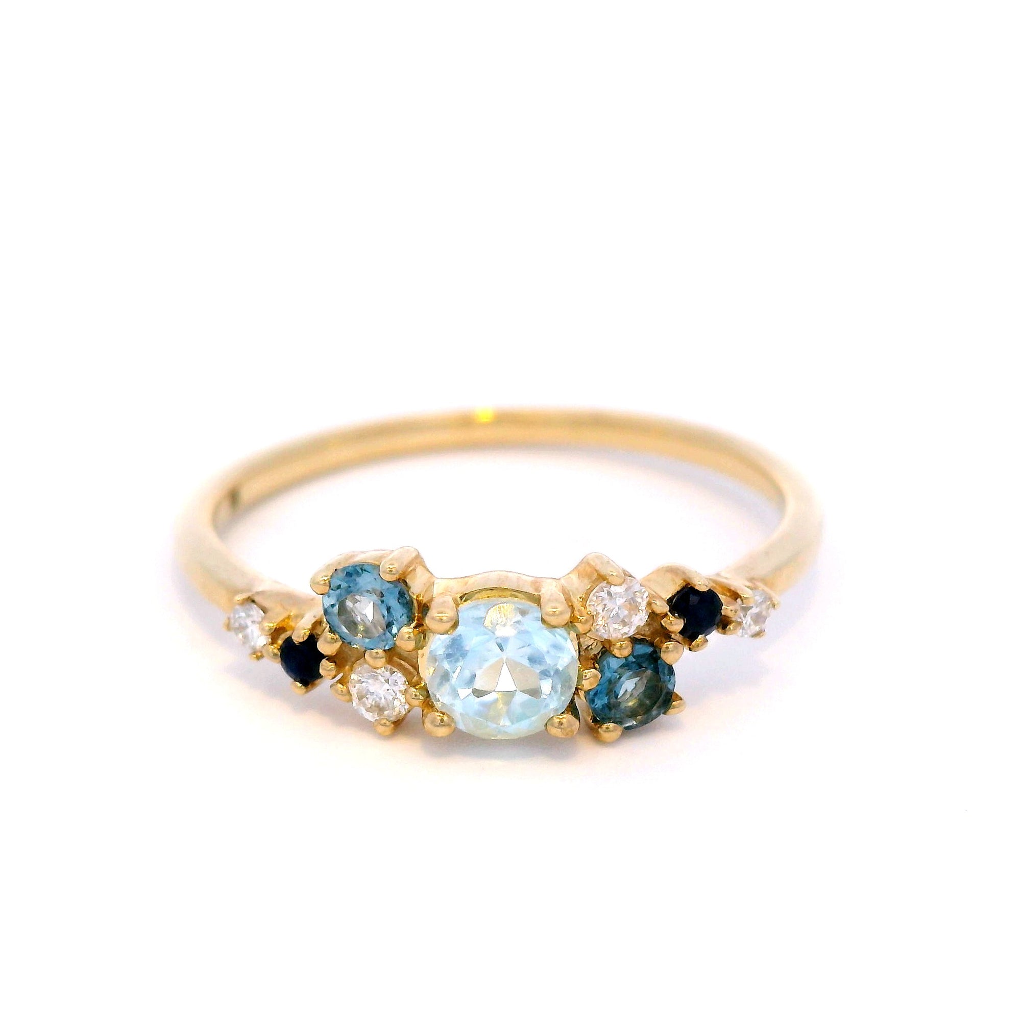 Aquamarine, Ceylon Sapphire and Diamond Set Ring in 9 Carat Yellow Gold