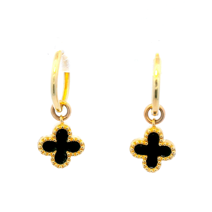 Black Onyx Clover Huggie Earrings in 9K Yellow Gold
