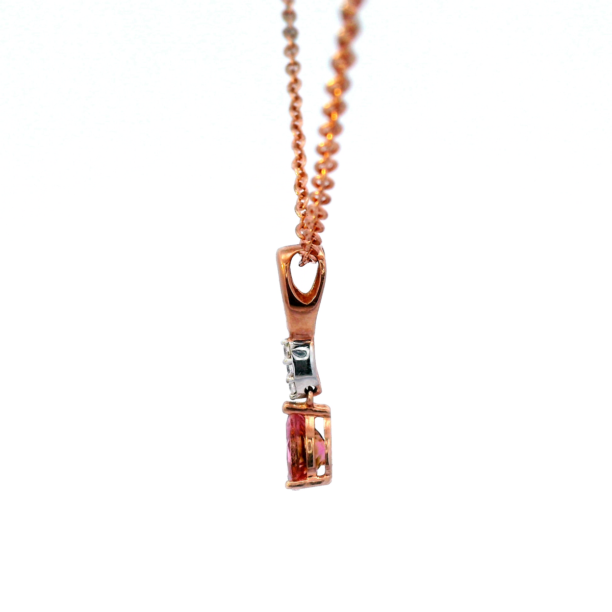 Pink Touormaline & Diamond Drop Pendant in Rose Gold