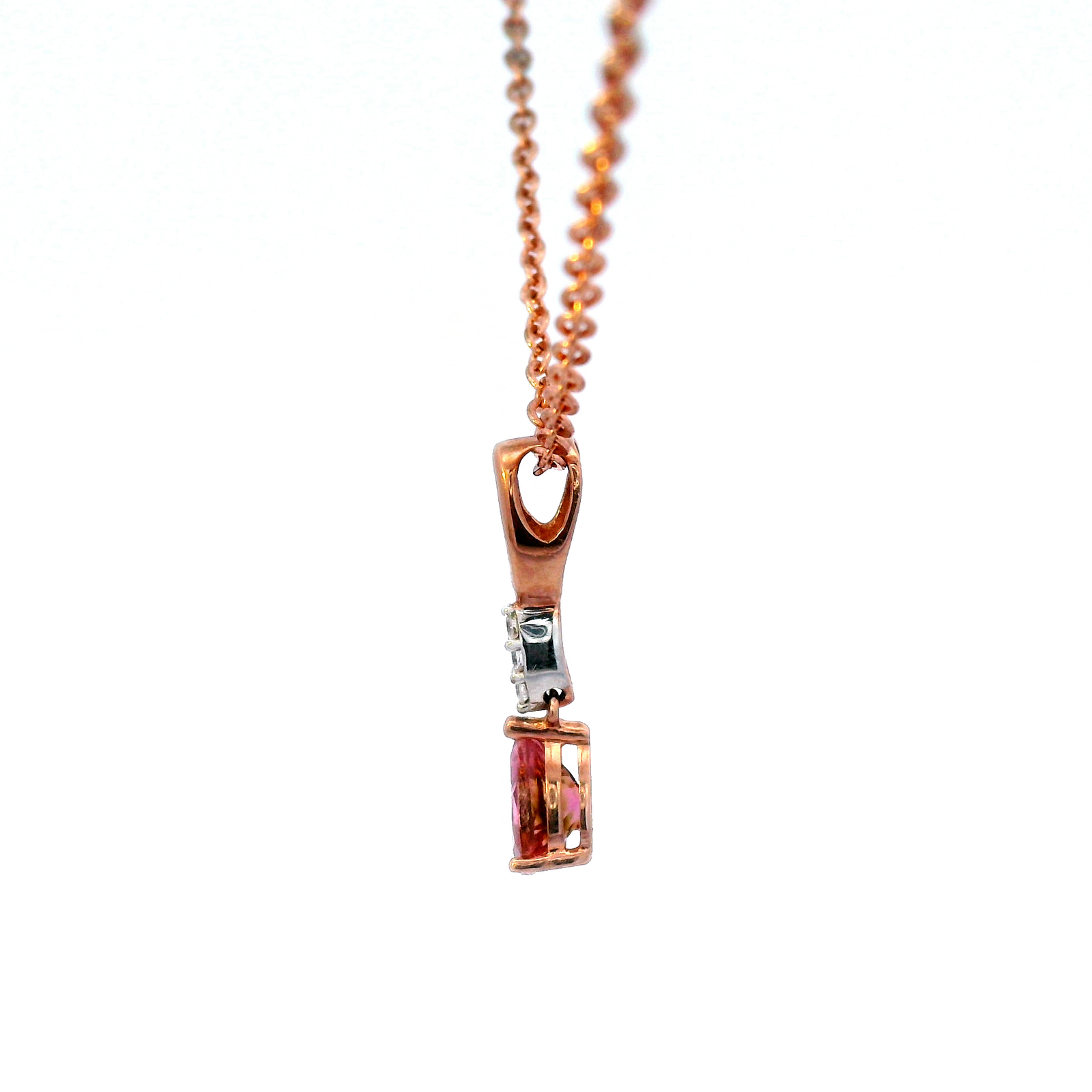 Pink Touormaline & Diamond Drop Pendant in Rose Gold
