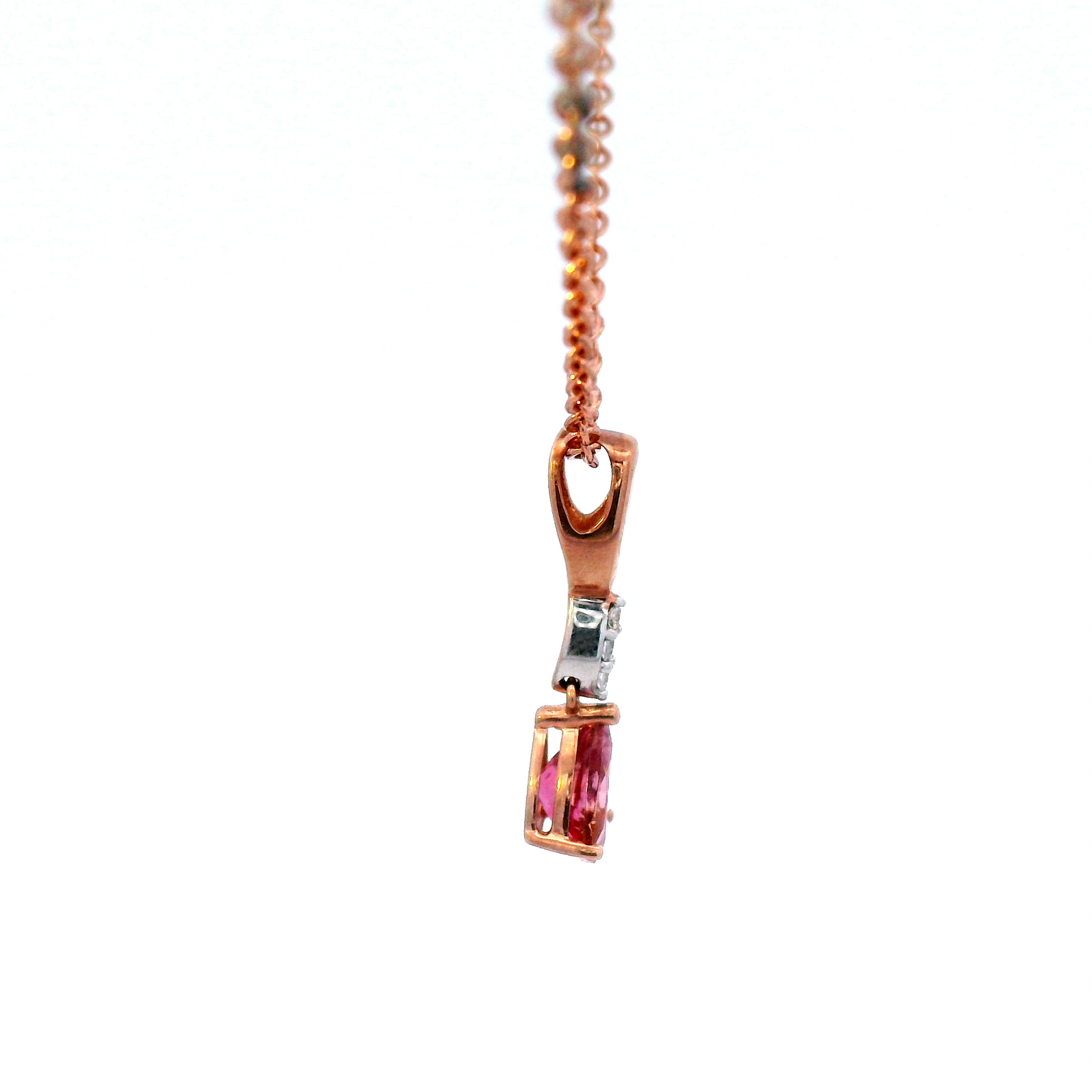 Pink Touormaline & Diamond Drop Pendant in Rose Gold
