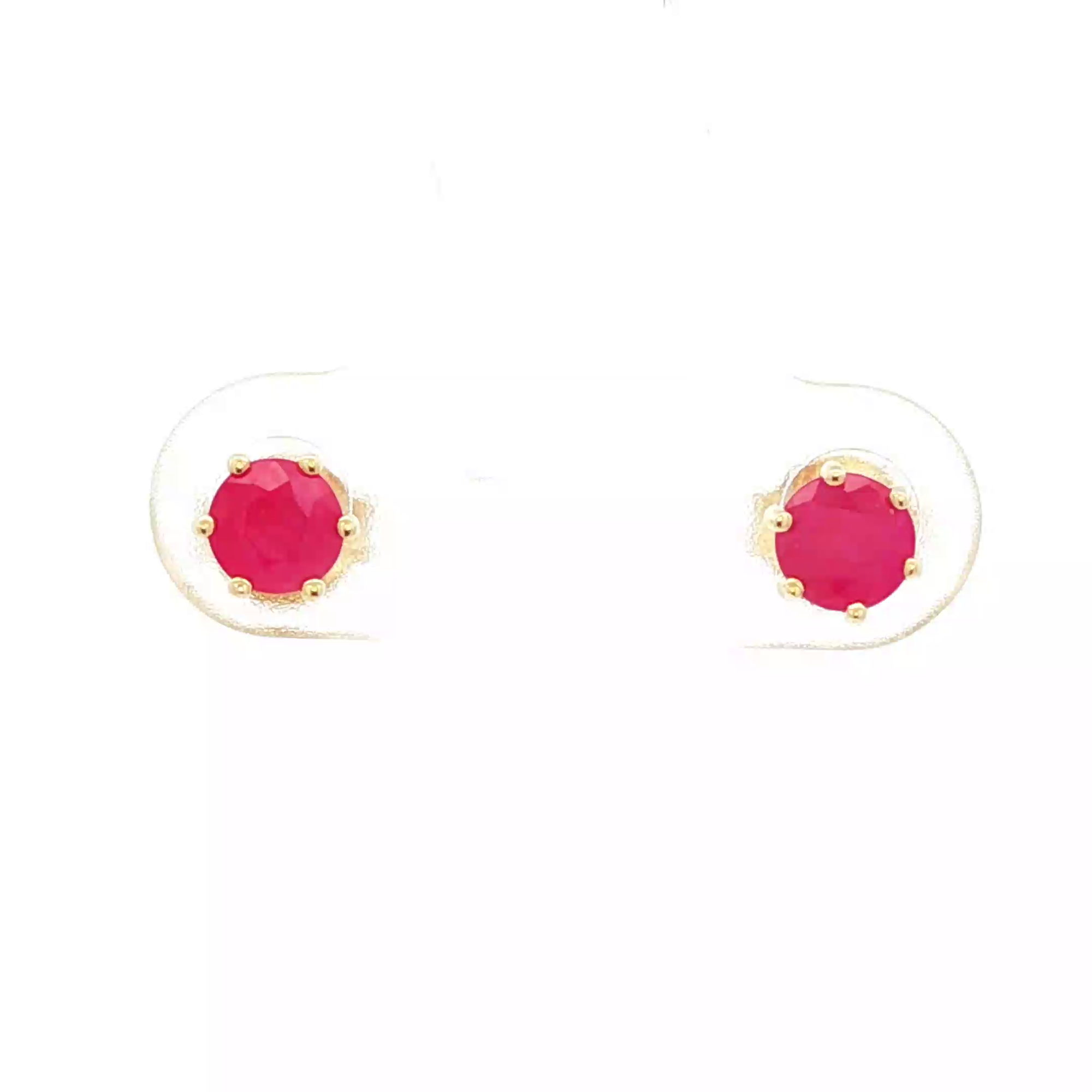 Gold Stud Earrings with Cabochon Red Ruby