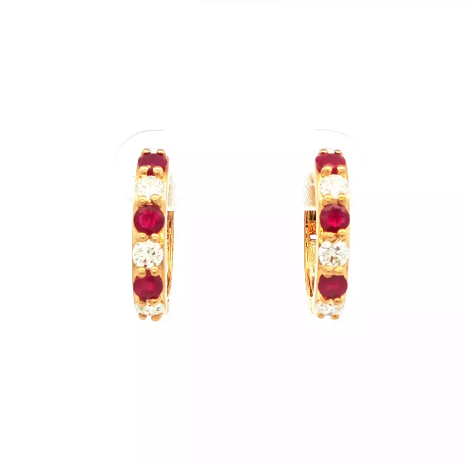 Yellow Gold Hoop Earrings with Round Cabochon Cut Rubies