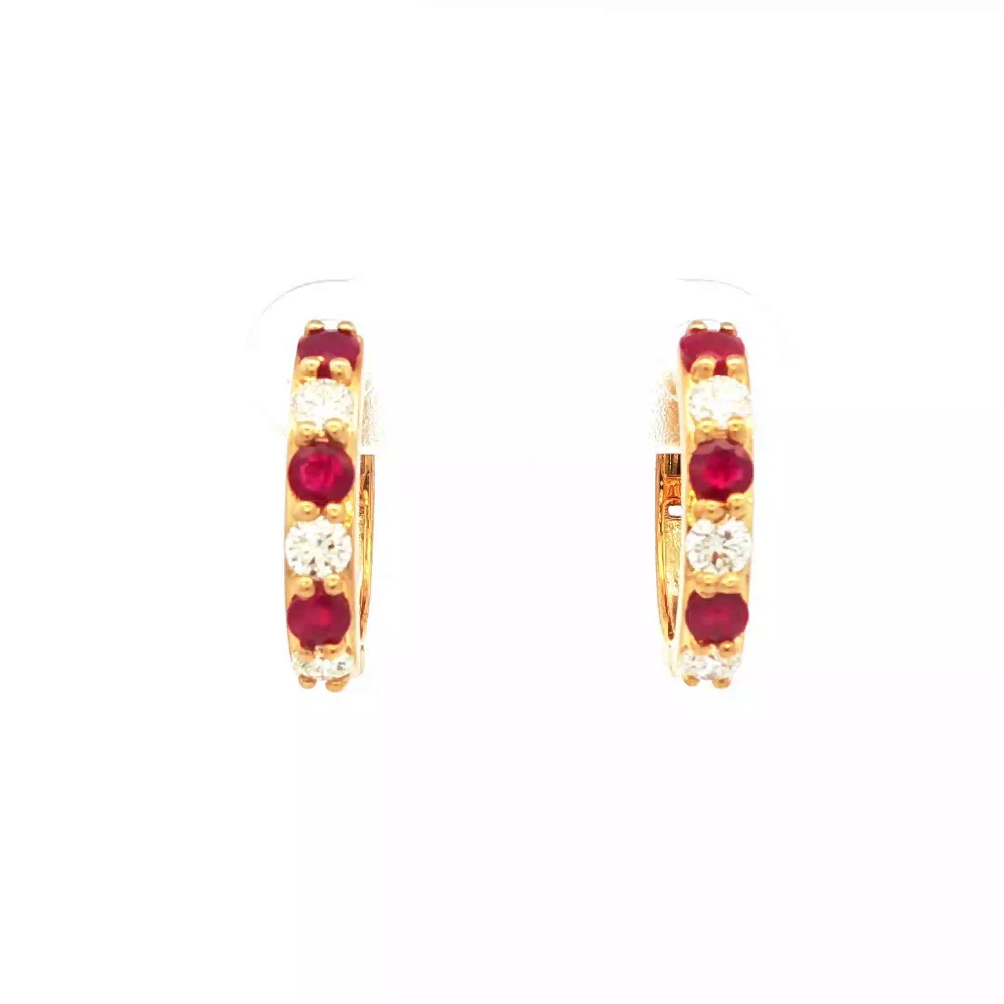 Yellow Gold Hoop Earrings with Round Cabochon Cut Rubies