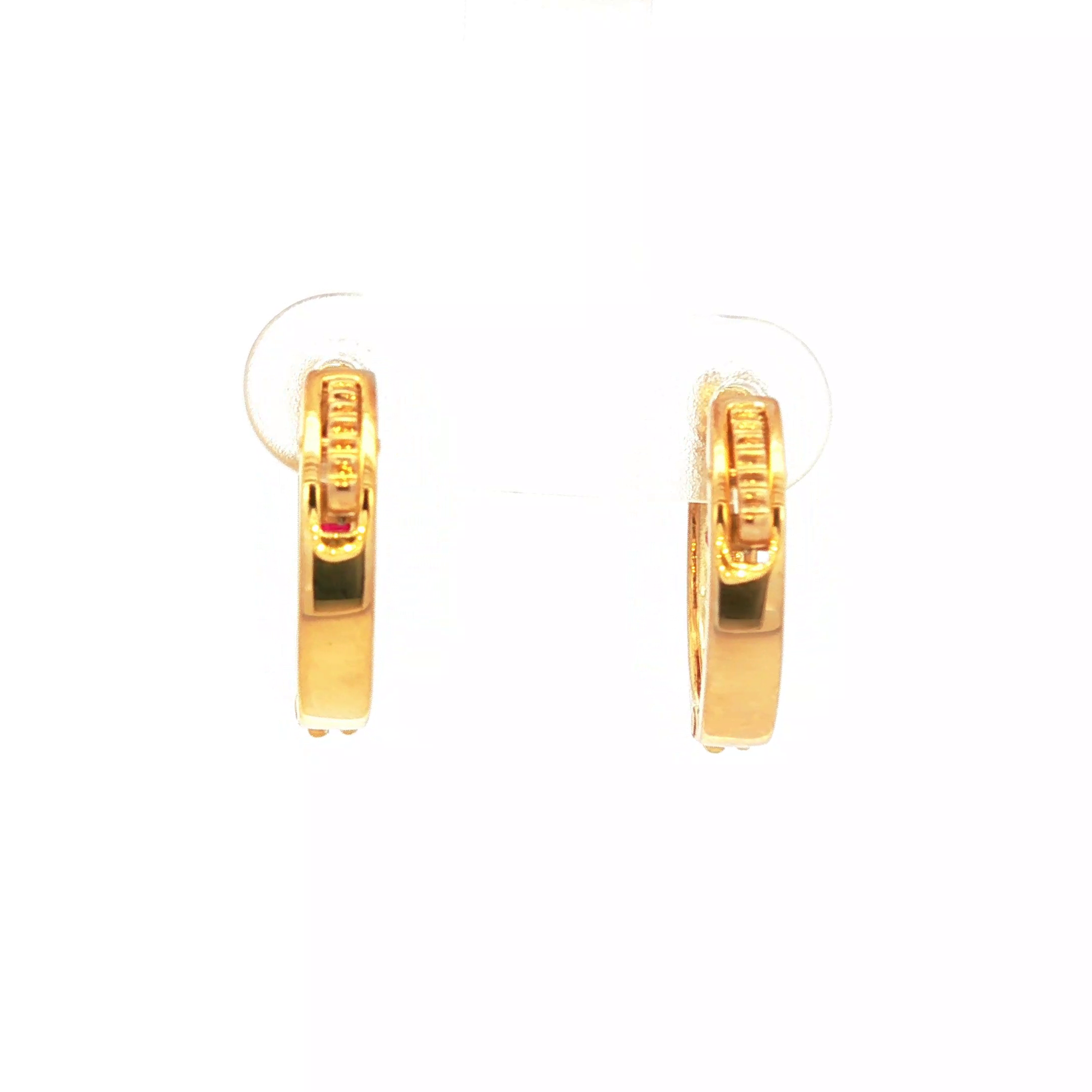 Yellow Gold Hoop Earrings with Round Cabochon Cut Rubies