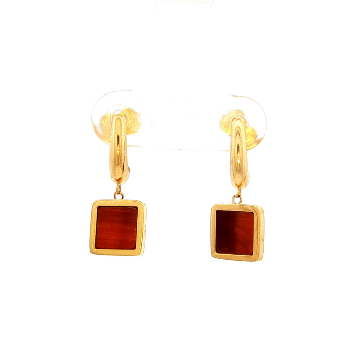 Square Drop Tiger Eye Earring in Yellow Gold
