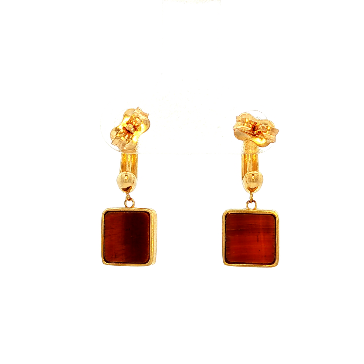 Square Drop Tiger Eye Earring in Yellow Gold