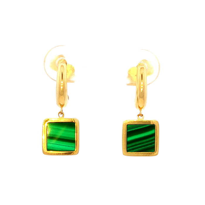 Square Drop Malachite Earring in Yellow Gold