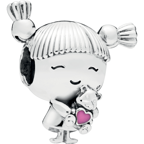 Girl With Pigtails Silver Charm w Pink Enamel