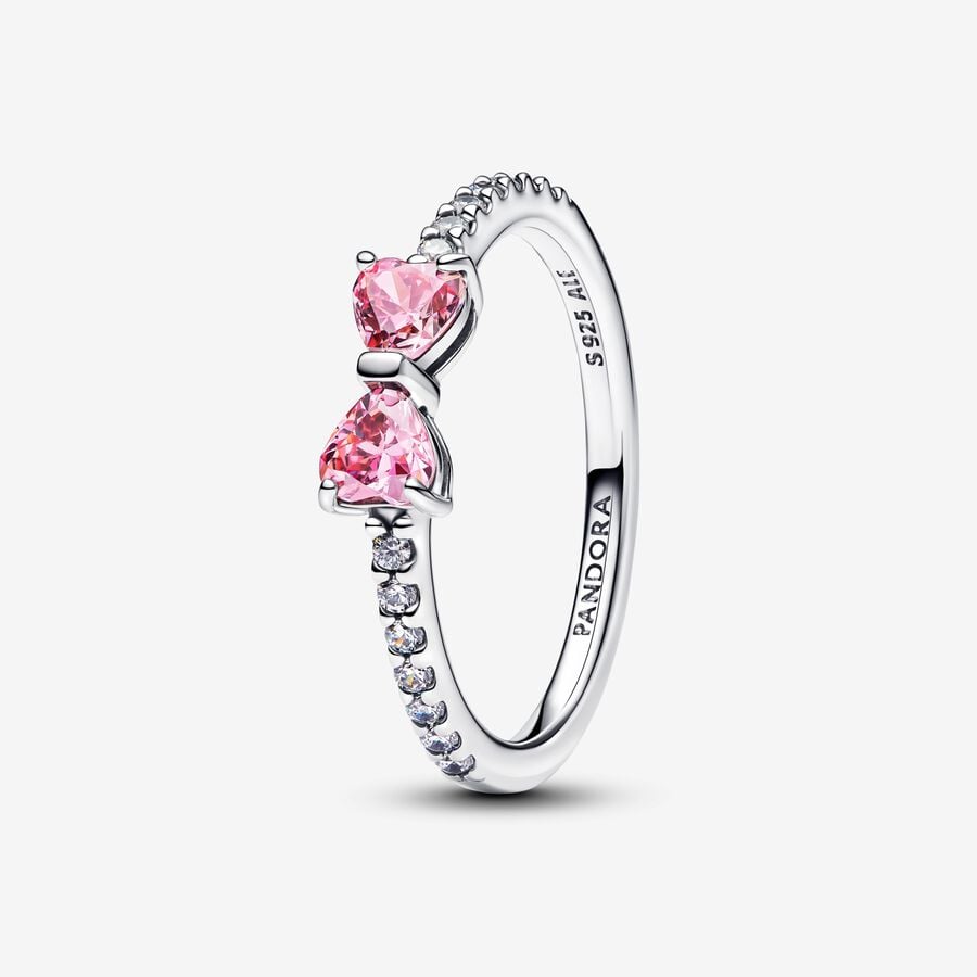 Bow sterling silver ring with fancy pink and clear cubic zirconia