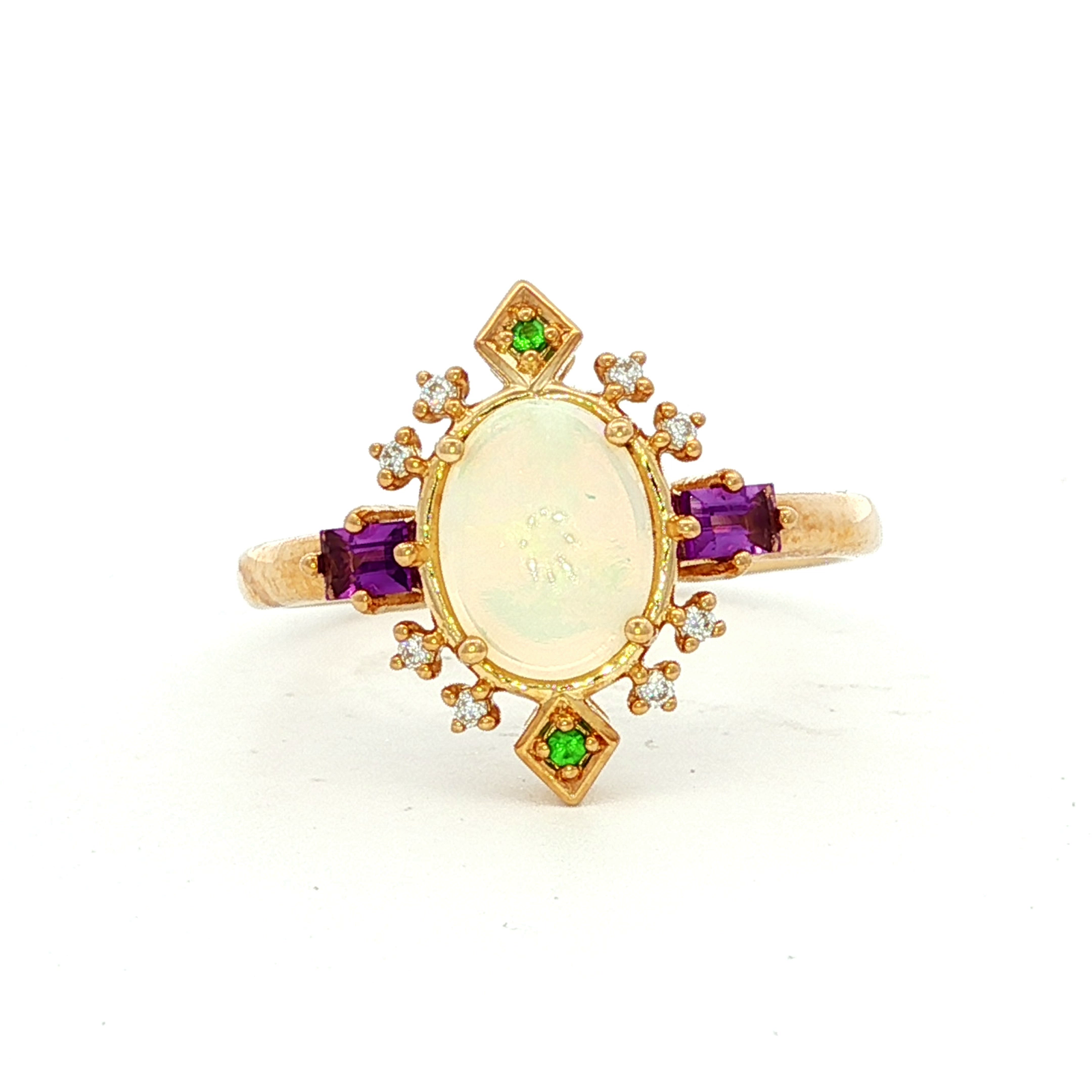 Amethyst and Opal - Crystal & Tsavorite Green in Yellow Gold