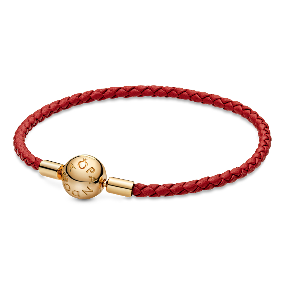 Pandora Moments Red Woven Leather Bracelet w Pandora Shine Clasp