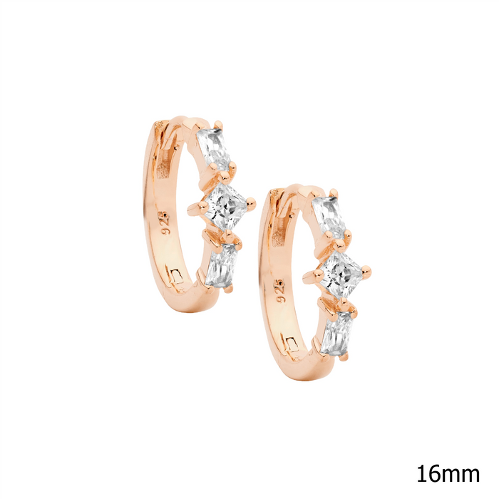 Ellani SS Baguette & Princess WH CZ 16mm Hoop Earrings W/Rose Gold Plating