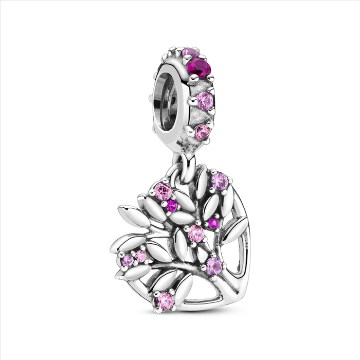 Family Tree Silver Hanging Charm w Fancy Fairytale Pink CZ, Synthetic Pink Sapphire & Synthetic Ruby