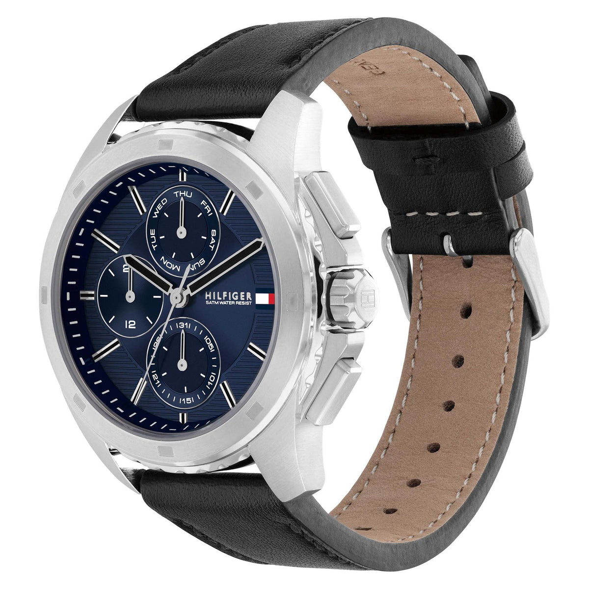 Tommy Hilfiger Black Leather Navy Dial Multi-function Men's Watch