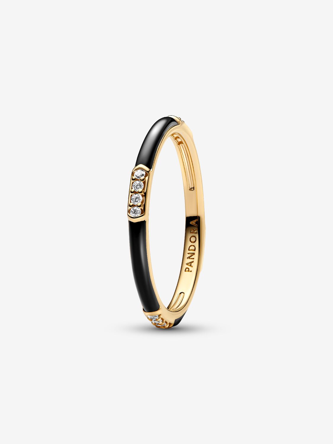 14k Gold-plated ring with clear cubic zirconia and black enamel