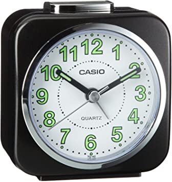 Casio Analogue Alarm Clock with Black Case and White Diall. Model: TQ143-1
