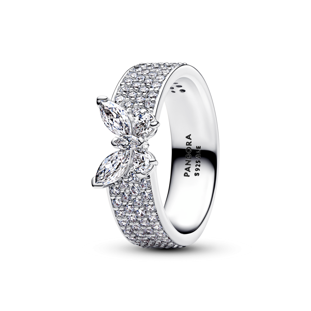 Butterfly sterling silver ring with clear cubic zirconia