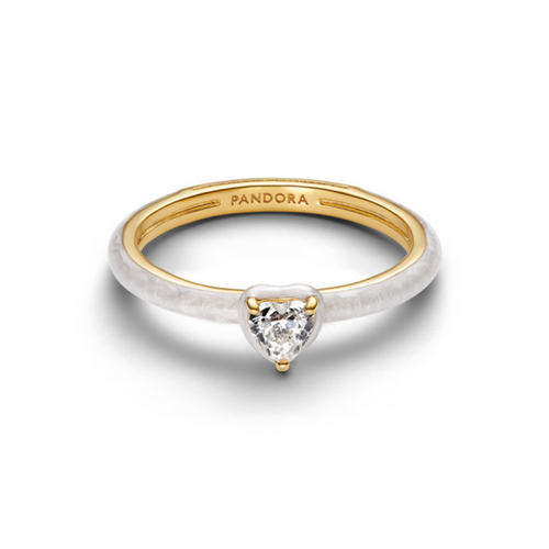 Heart 14k gold-plated ring with clear cubic zirconia and shimmering white enamel