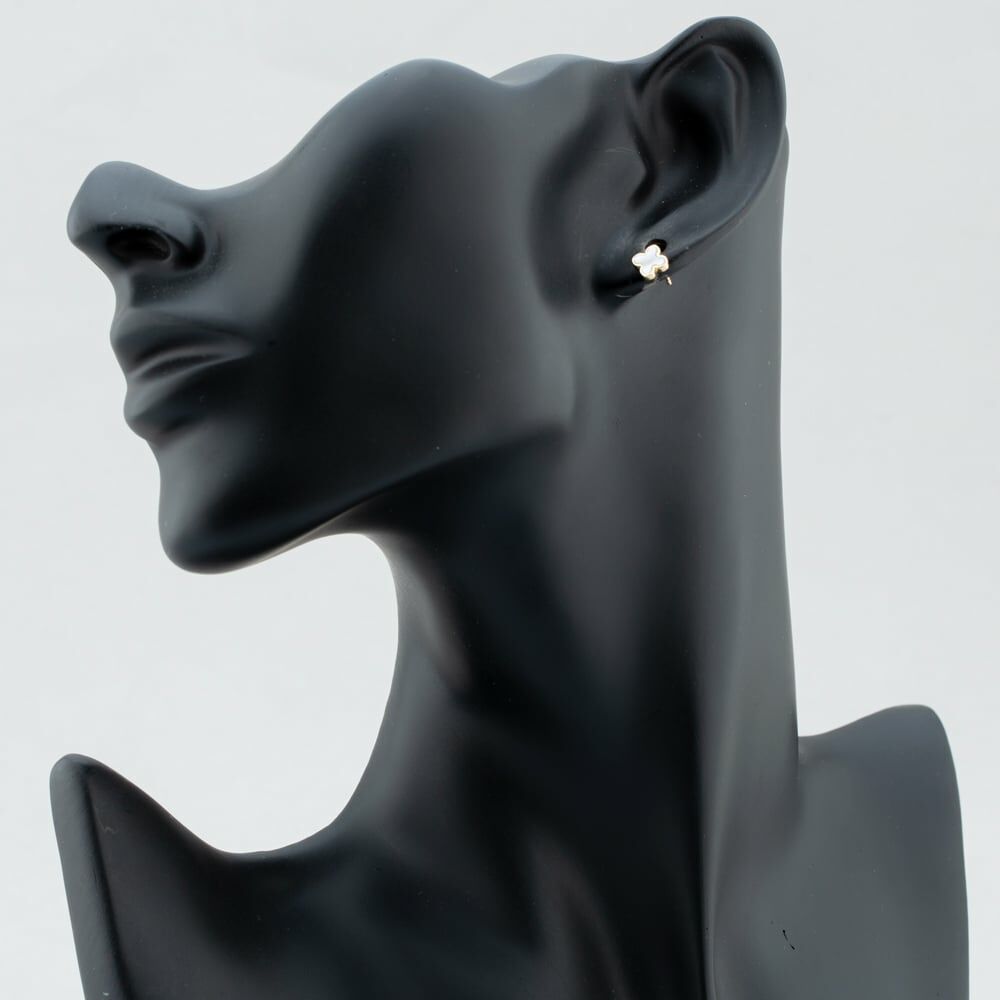 Mother Of Pearl Clover Stud Earrings In 9K Yellow Gold