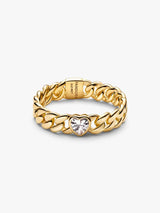 Heart cuban chain sterling silver ring with clear cubic zirconia