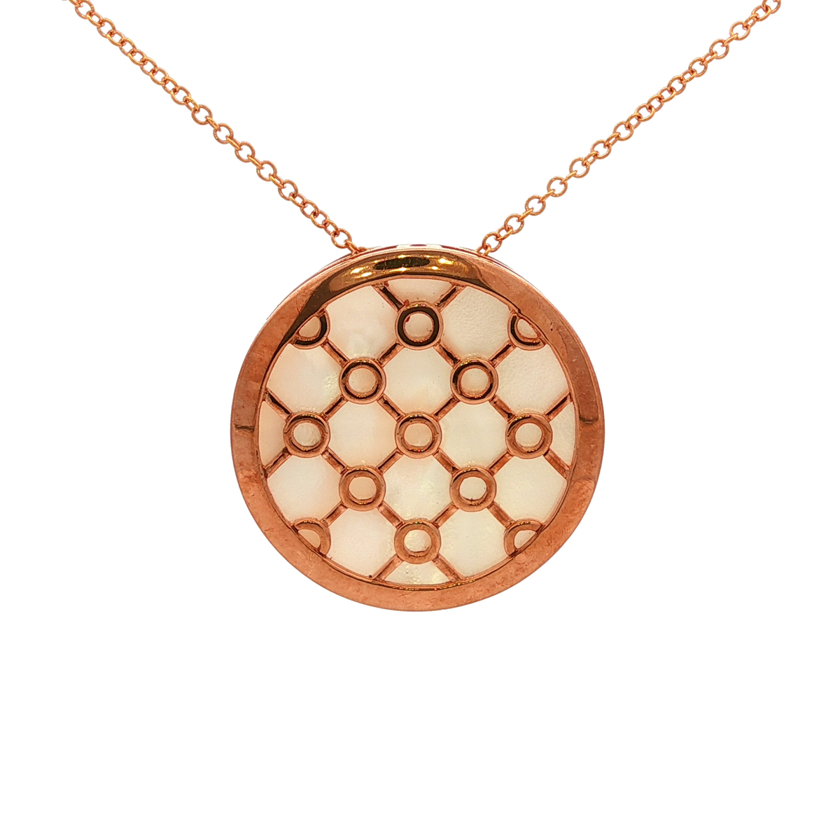 Mother of Pearl Base Open Circle Pattern Front Pendant in Rose Gold
