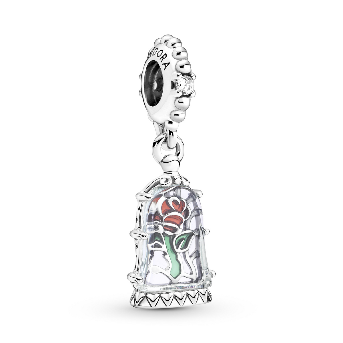 Disney Beauty and The Beast rose sterling silver dangle with clear cubic zirconia, transparent light blue Murano glass, red and green enamel