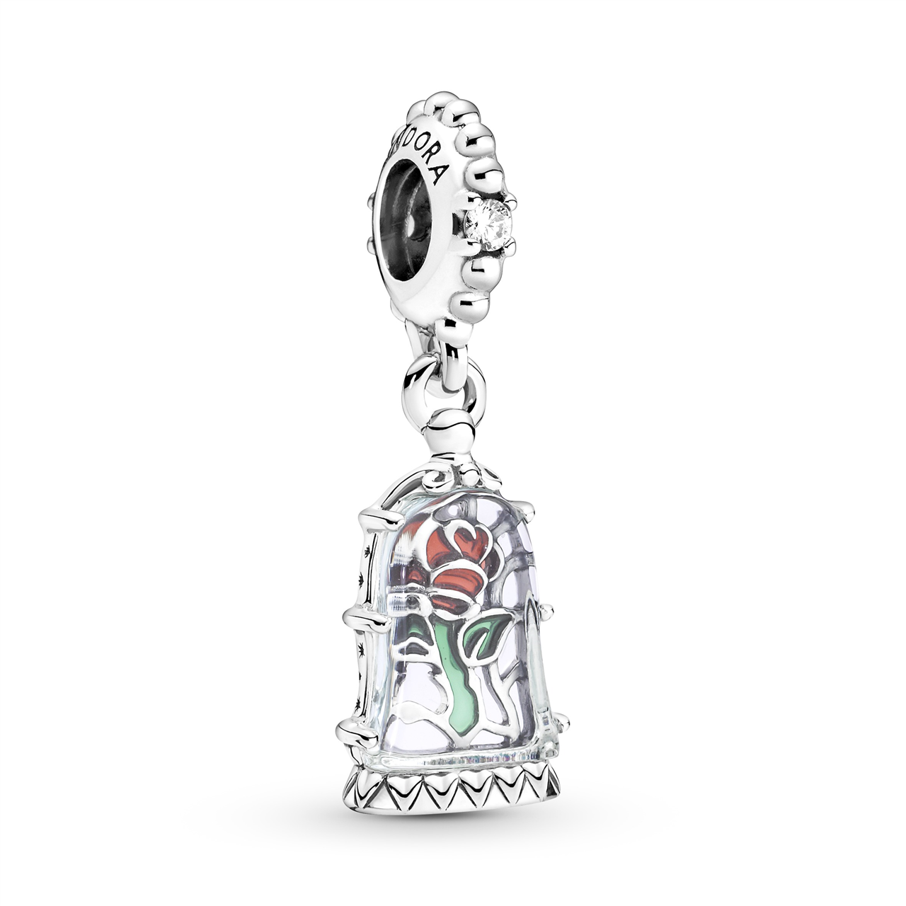 Disney Beauty and The Beast rose sterling silver dangle with clear cubic zirconia, transparent light blue Murano glass, red and green enamel