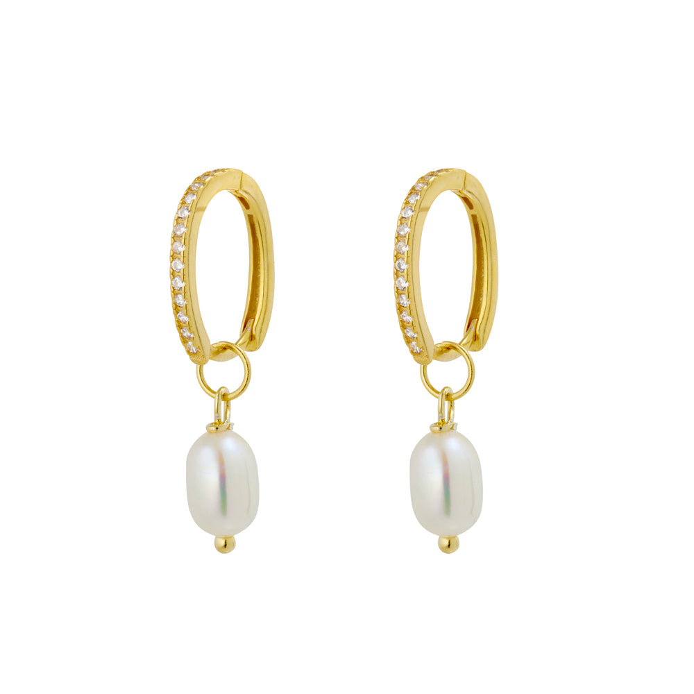 Premium Plated Brass Huggie Earrings with CZ Detail and Freshwater Pearl