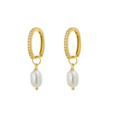 Premium Plated Brass Huggie Earrings with CZ Detail and Freshwater Pearl