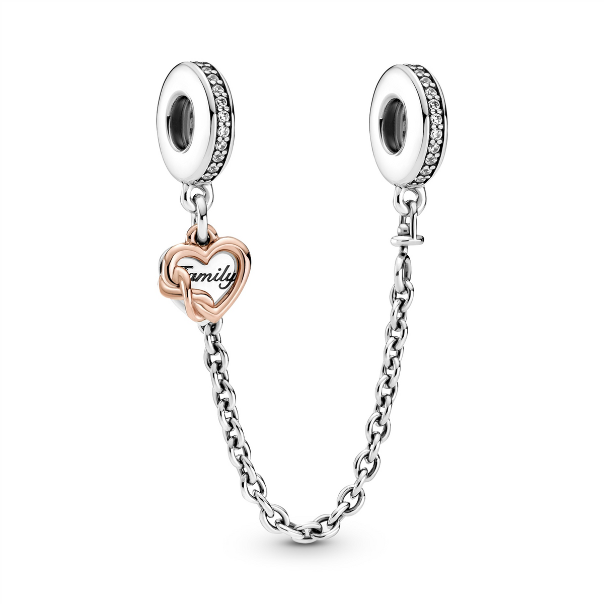 Family&#39;s Heart &amp; Infinity Silver Safety Chain w Pandora Rose