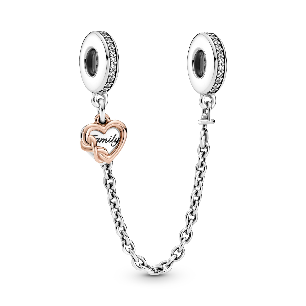 Family's Heart & Infinity Silver Safety Chain w Pandora Rose