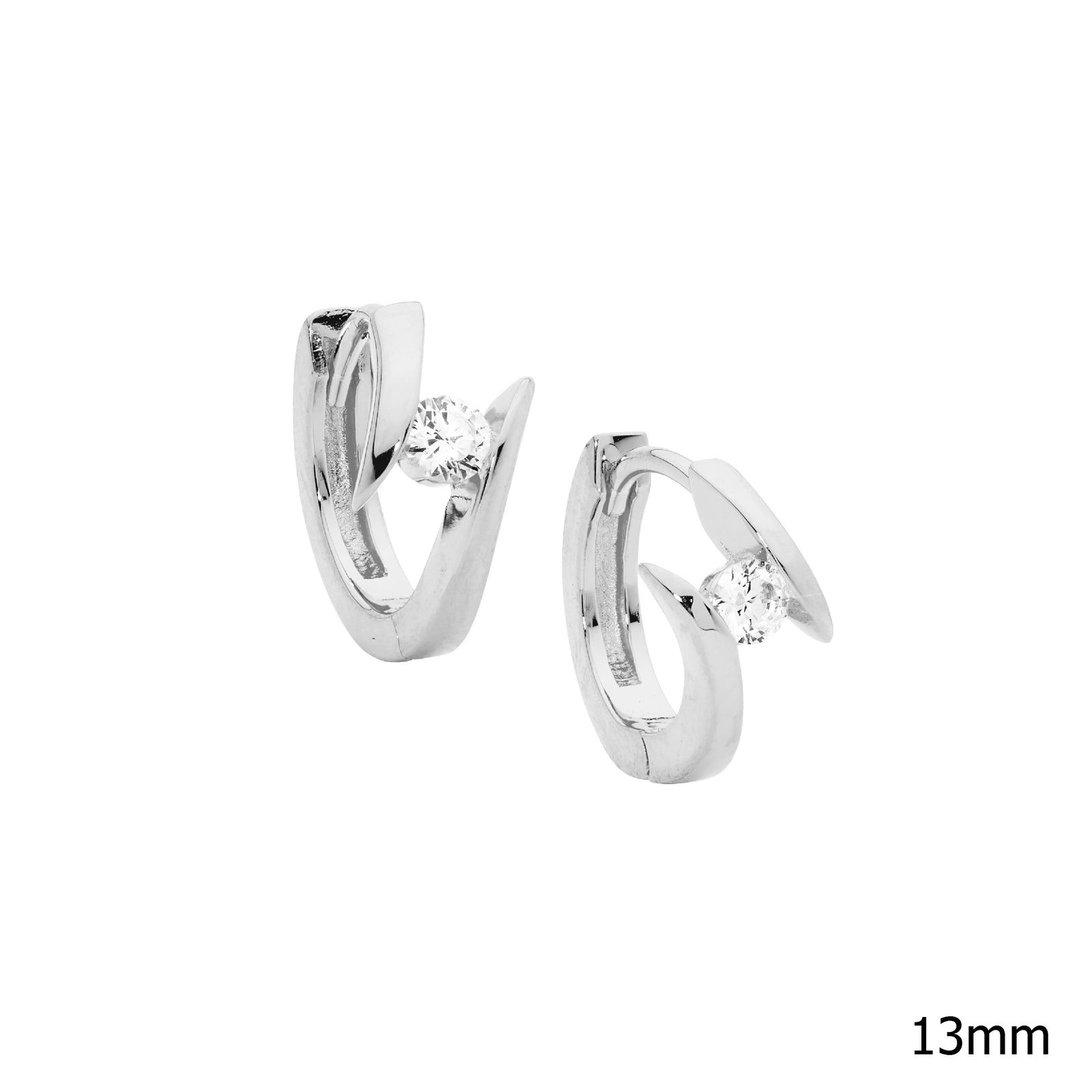 SS 13mm huggie earrings w/ single wh cz & rose gold plating