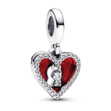Padlock heart sterling silver double dangle with clear cubic zirconia and red enamel