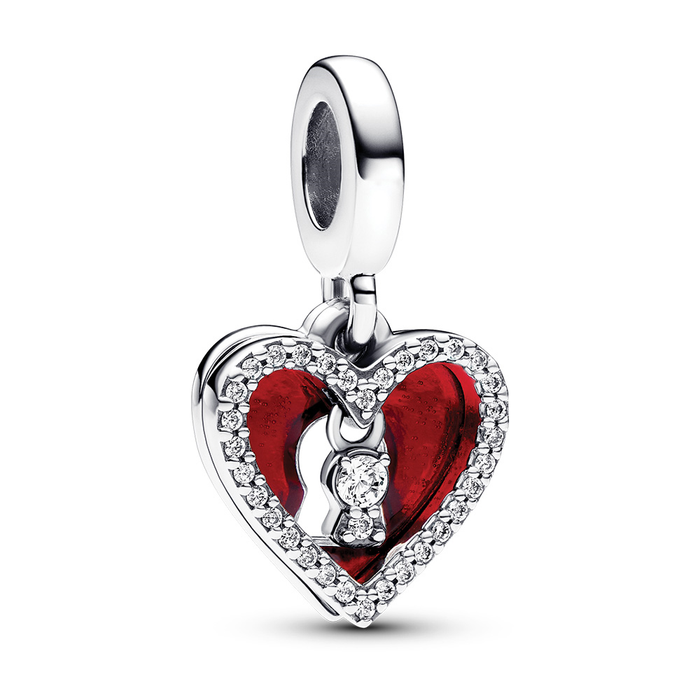 Padlock heart sterling silver double dangle with clear cubic zirconia and red enamel